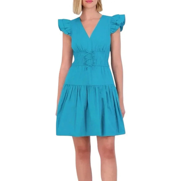 Vince Camuto Turquoise Ruffle Sleeve Tiered Cotton Dress 4 - Picture 1 of 5